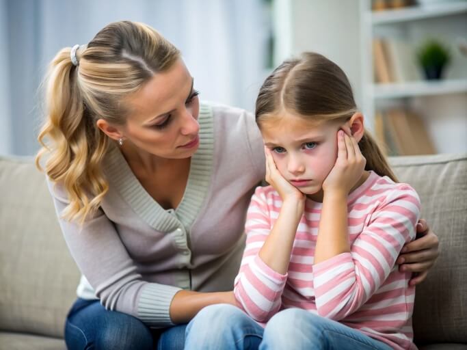 Mama pociesza smutną córkę na kanapie. Dziewczynka wygląda na zmartwioną, trzyma ręce na uszach.