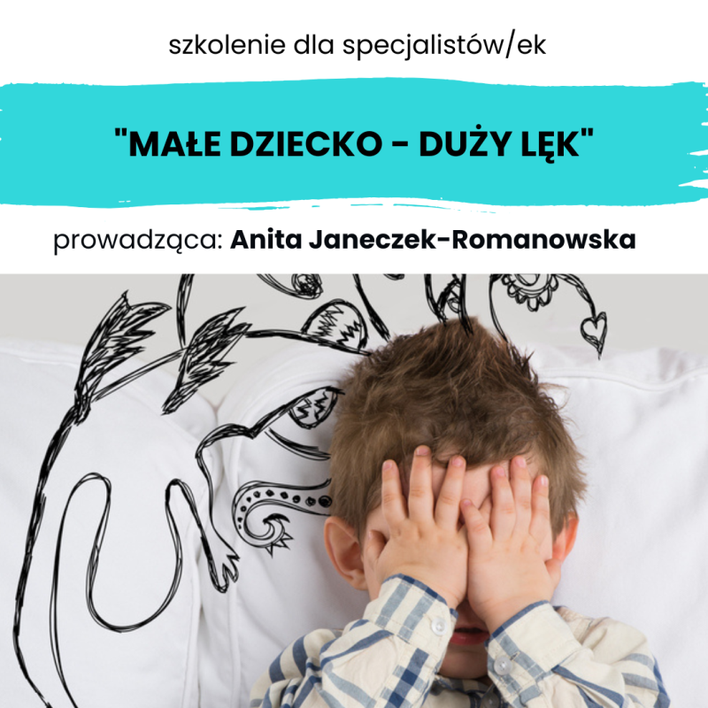 Chłopiec z zasłoniętymi dłońmi oczami, obok rysunek potwora. Napis: Małe dziecko - duży lęk, prowadząca Anita Janeczek-Romanowska.