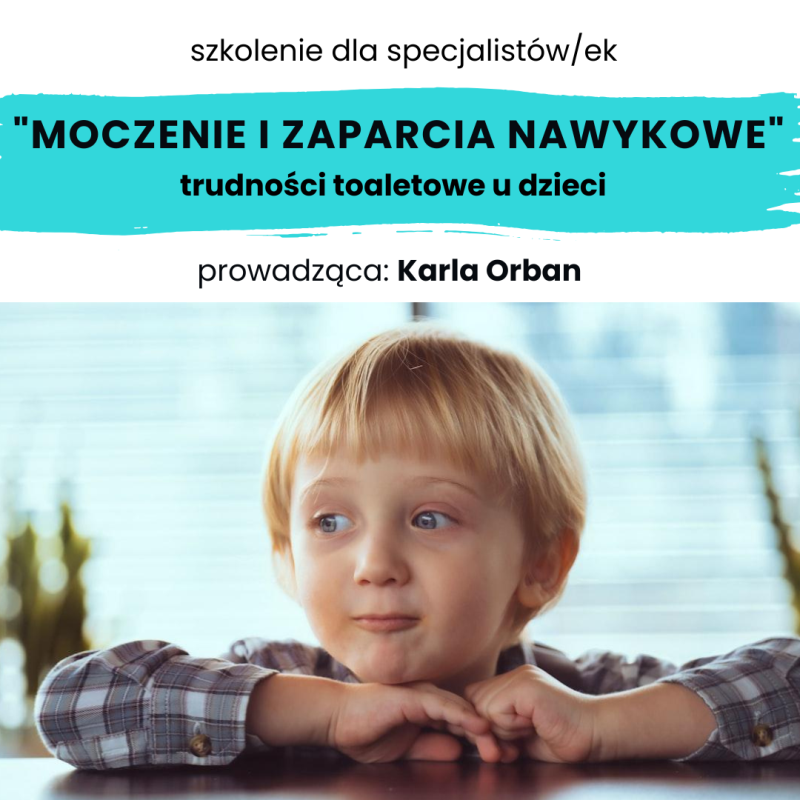 Szkolenie dla specjalistów o moczeniu i zaparciach nawykowych u dzieci, prowadzi Karla Orban. Na dole zdjęcie chłopca.