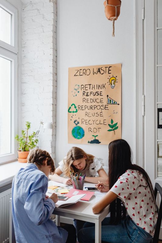 Trzy osoby siedzą przy stole, pracując nad projektami. Na ścianie plakat Zero Waste z zasadami ekologii.
